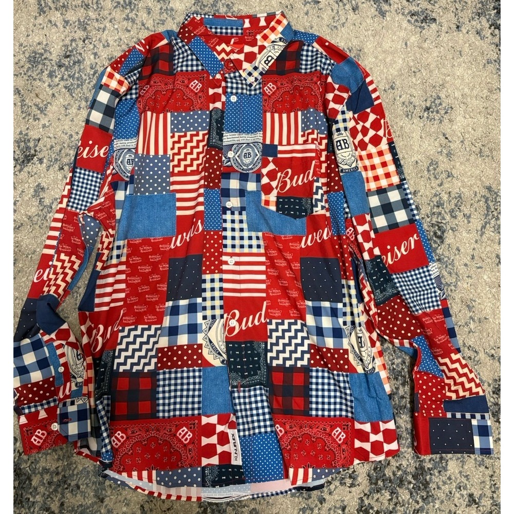 Men's 2XL Budweiser Button Down‎ RESVLTS Bud-Dana Red White Blue